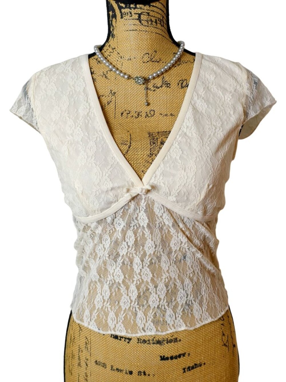 Womens S Lace Crop Top Ivory V-Neck Bow Sheer Floral Stretch Fairy Cottagecore